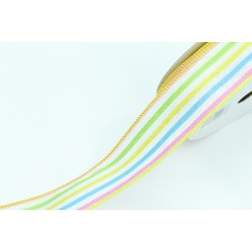 1.5 Inch Spring Wired Ribbon with Blue, Yellow, Green & Pink Stripe, 10 Yard Spool ( Lot of 1 Spool) SALE ITEM